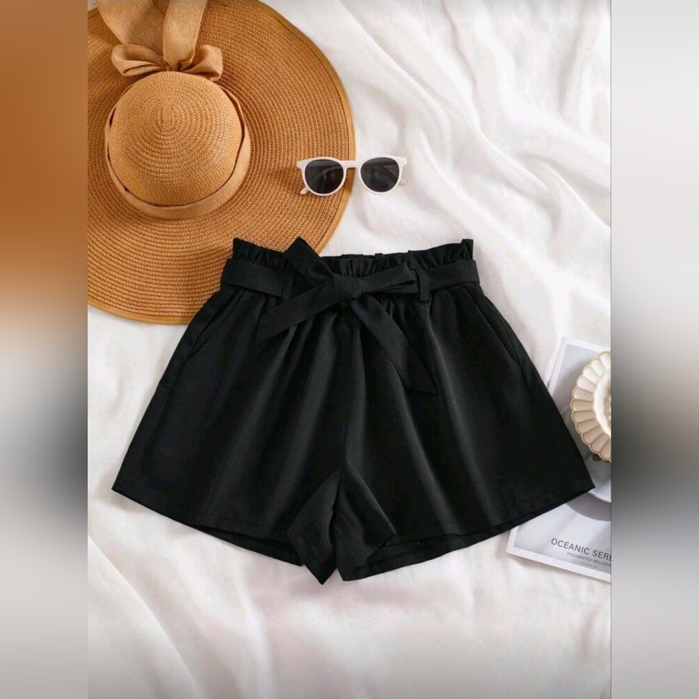 Airaco Solid Color Waist Band Paper Bag Waist Casual Shorts
